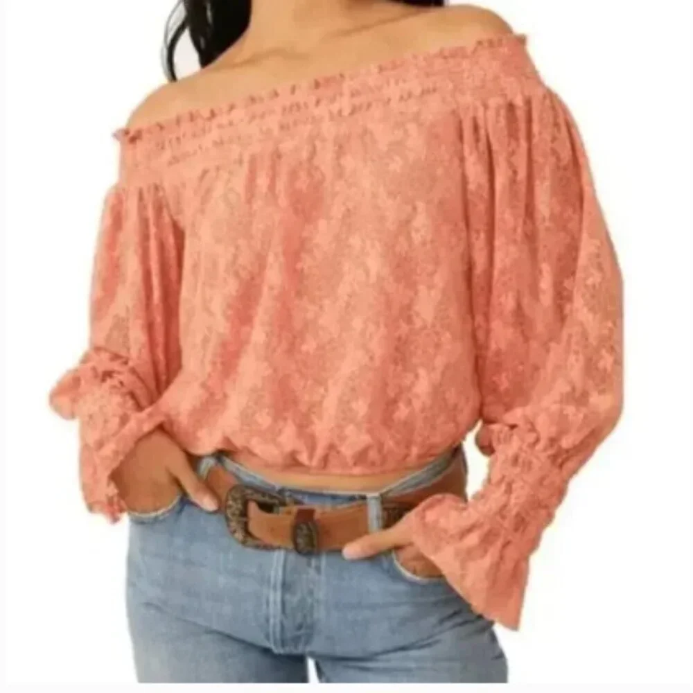Free People Emily Lace Top in Savannah Red Off Shoulder size S